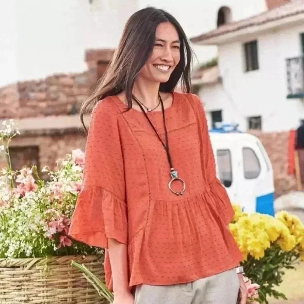 Sundance Susannah Blouse Size XS Orange/Coral Ruffle Swiss Dot Eyelet - Picture 9 of 9